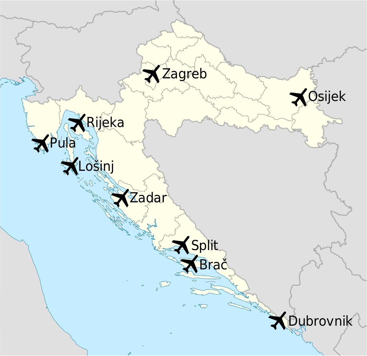 карта Хрватске показује аеродрома